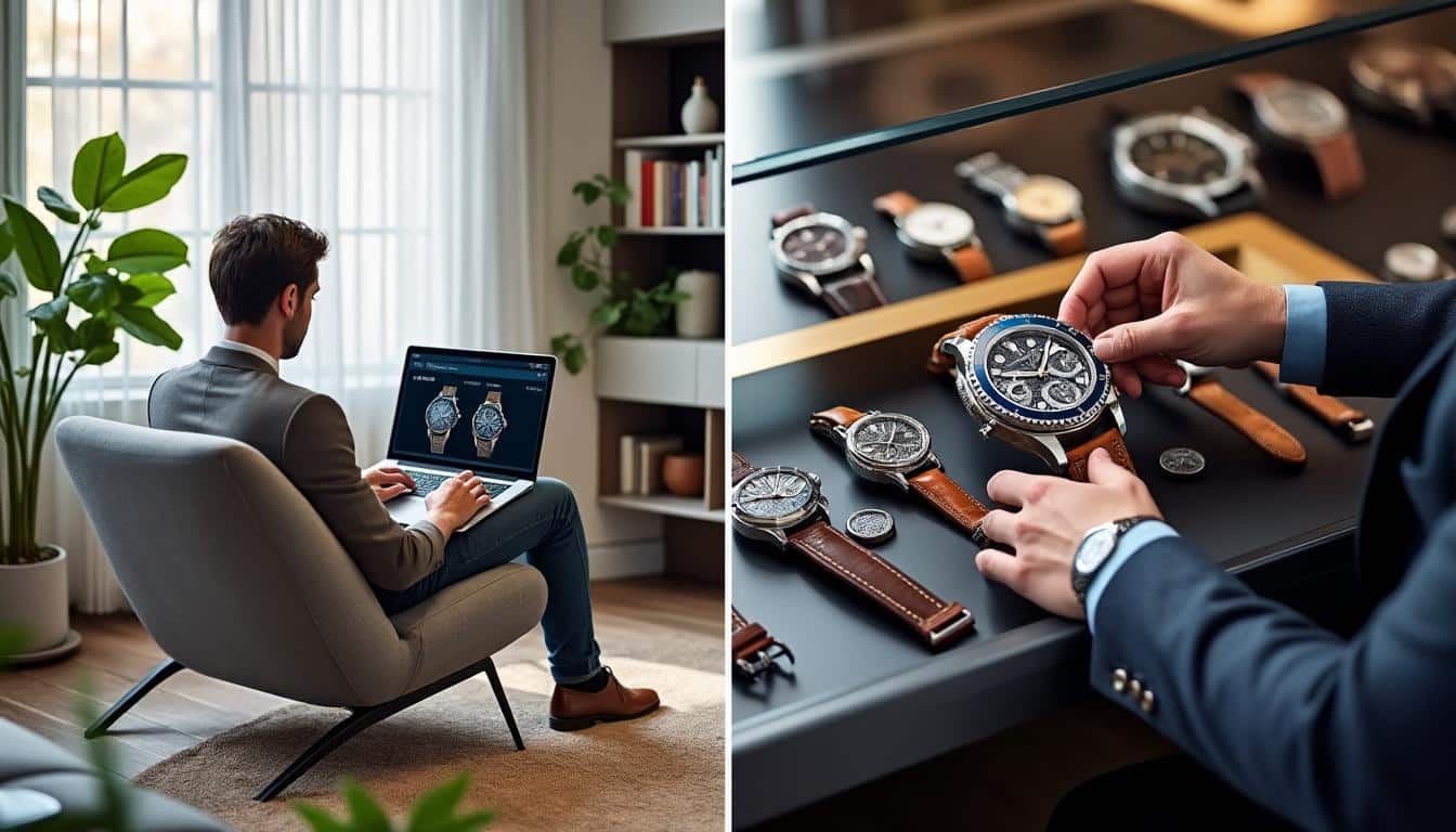 découvrez les avantages d'acheter une montre en ligne : plus de choix, meilleurs prix, confort d'achat et livraison rapide, comparé à une boutique traditionnelle.